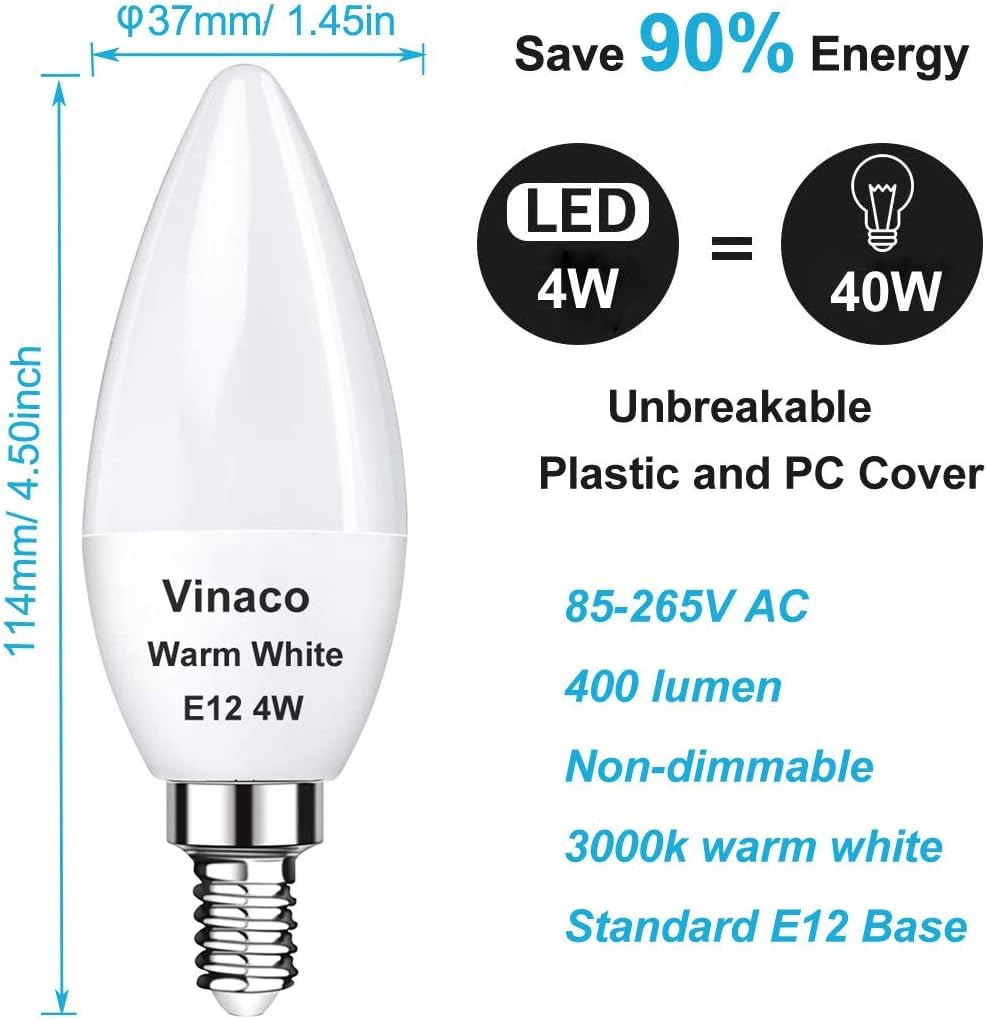 Vinaco E12 LED Bulb, 6 Pack E12 Candelabra Bulb 4 Watt Warm White 3000K, High Brightness 400LM & 25000+ Long Lifespan E12 Bulb, E12 Candelabra Base, E 12 Light Bulb for Ceiling Fan Light Bulb