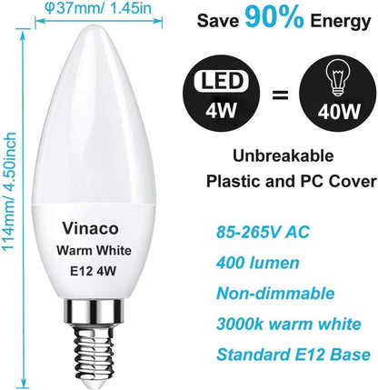 Vinaco E12 LED Bulb, 6 Pack E12 Candelabra Bulb 4 Watt Warm White 3000K, High Brightness 400LM & 25000+ Long Lifespan E12 Bulb, E12 Candelabra Base, E 12 Light Bulb for Ceiling Fan Light Bulb