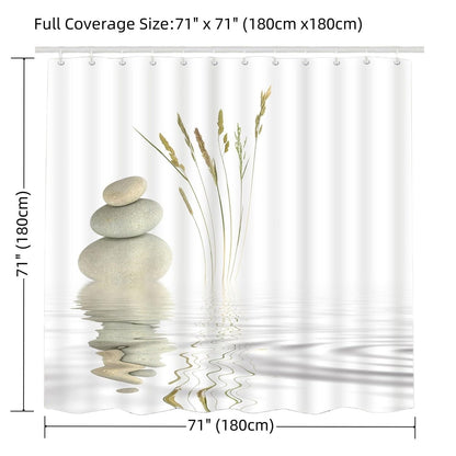 Zen Fabric Decorative Shower Curtain for Bathroom -120GSM Durable Waterproof Fabric with 12x Reinforced Grommets & Hooks, No Liner Needed 71”x71”