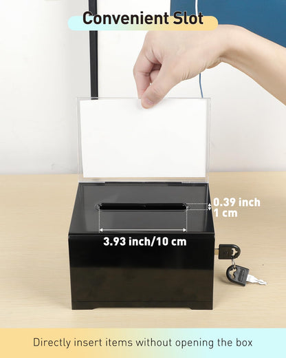 Uniclife 2 Pack 6.2" x 4.7" x 4" Acrylic Donation Boxes Suggestion Box with Slot and Lock for Voting Charity Tip Collection Black Plastic Ballot Boxes with Sign Holder Storage Container