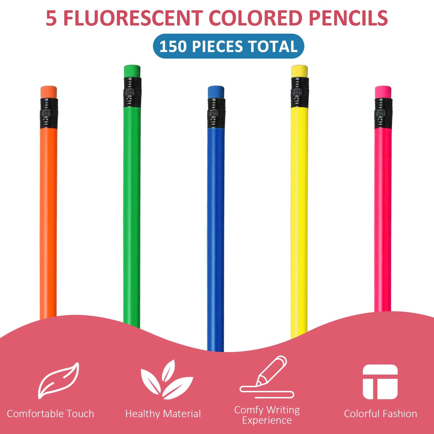 150 Pieces Neon Wood Pencils Colorful Round Pencils with Top Erasers Kids Birthday Goody Bag Bulk Filler for Exams, School, Office, Sketching and Learning Activities