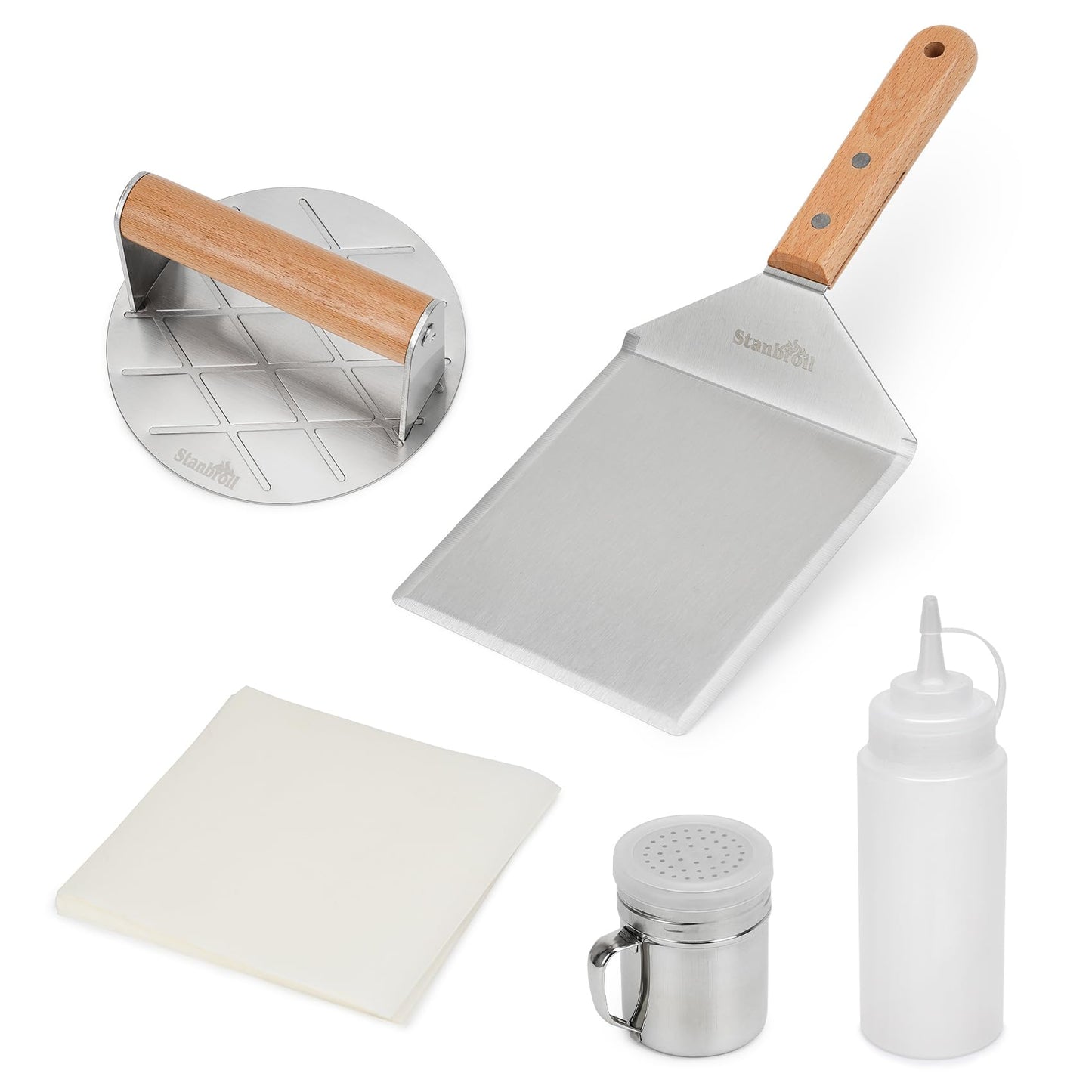 Stanbroil 5 Piece Smash Burger Press Kit for Flat Top Grill, Stainless Steel Grill Spatula and Burger Smasher, Spice Shaker, Squeeze Bottles and Patty Paper for BBQ Griddle Cooking