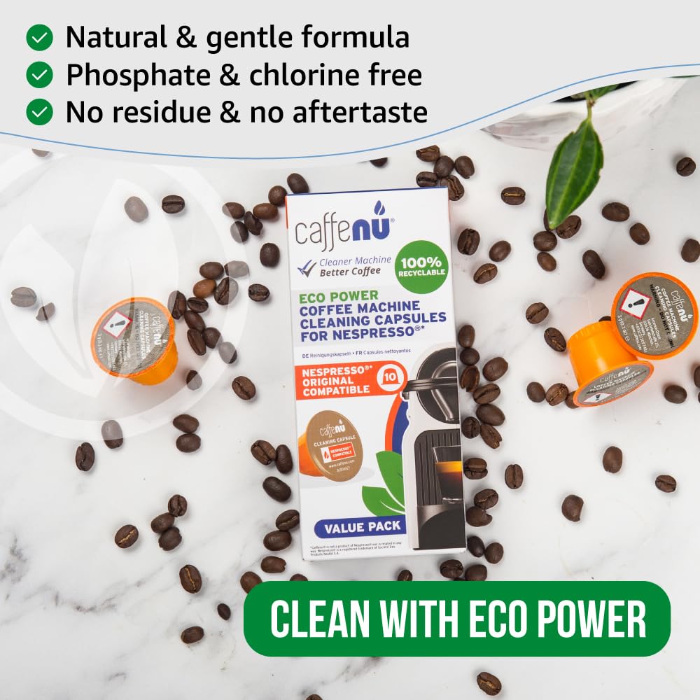 Caffenu Cleaning Pods compatible with Nespresso OriginalLine 10 Cleaner Capsules to enhanced Coffee Flavor. Use with Descaling Kit.