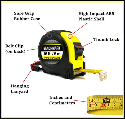 Benchmark - 4 Pack of Tape Measures - 16 ft (5 m) - Auto Rewind & Thumb Lock - Ensemble de 4 rubans à mesurer – 16 pi (5 m) – rétraction automatique, verrouillage au pouce - Pouces et en centimètres