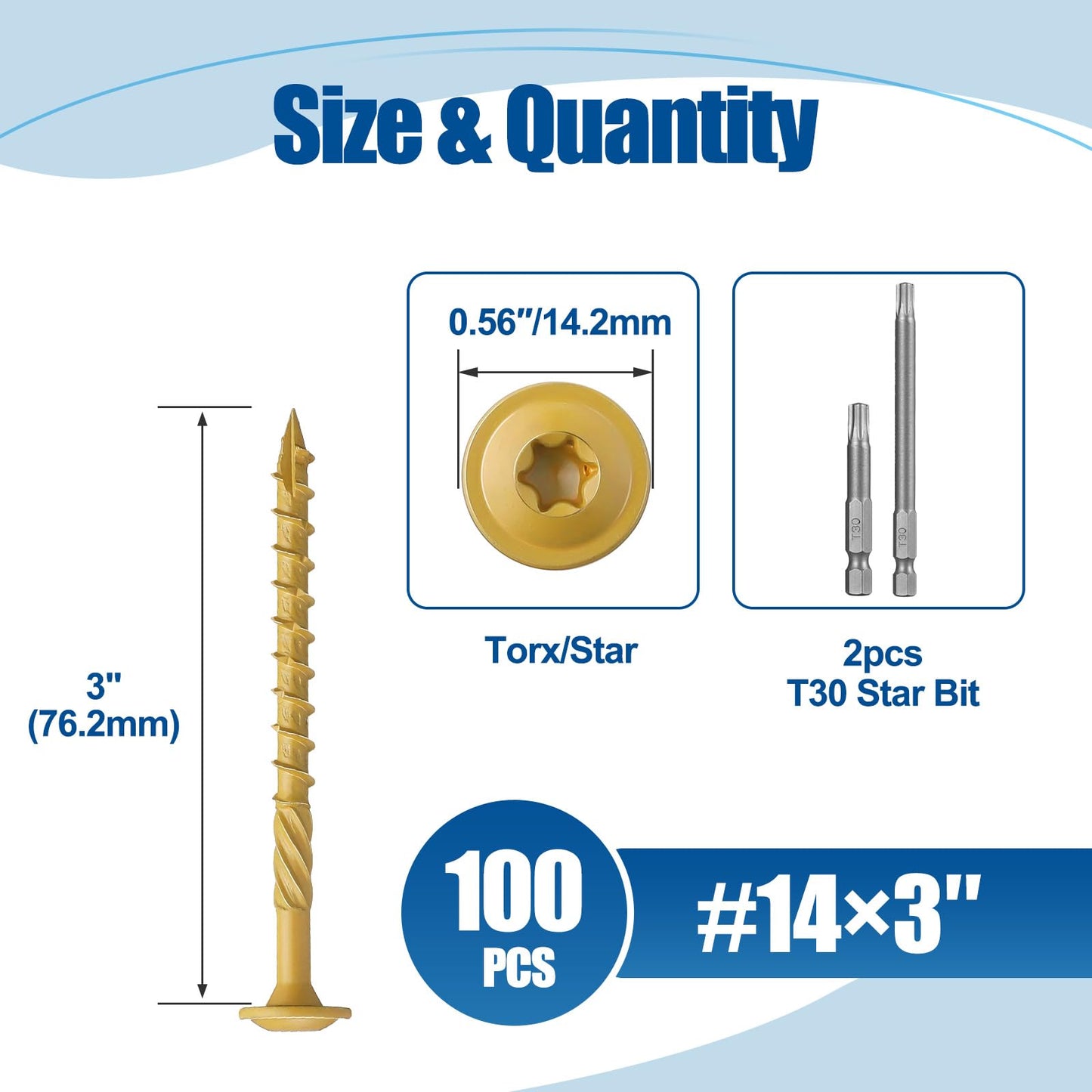 ANCHOREASE Lag Screws #14×3", 100PCS Heavy Duty Construction Screws, Rust Resistant, Washer Head, Bronze Coated External Wood Screws, Trusss Lag Screws, 2PCS T30 Star Bit Included