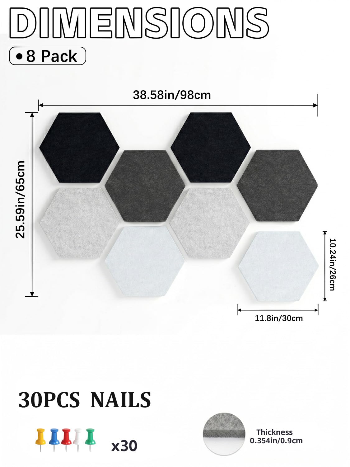 Uoisaiko 12" Large Bulletin Board with 30 Push Pins, Pack of 8 Hexagon Felt Pin Board Notice Boards for Home Office Kitchen, Felt Wall Tiles for Photos Memos