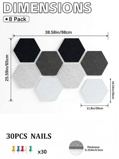 Uoisaiko 12" Large Bulletin Board with 30 Push Pins, Pack of 8 Hexagon Felt Pin Board Notice Boards for Home Office Kitchen, Felt Wall Tiles for Photos Memos