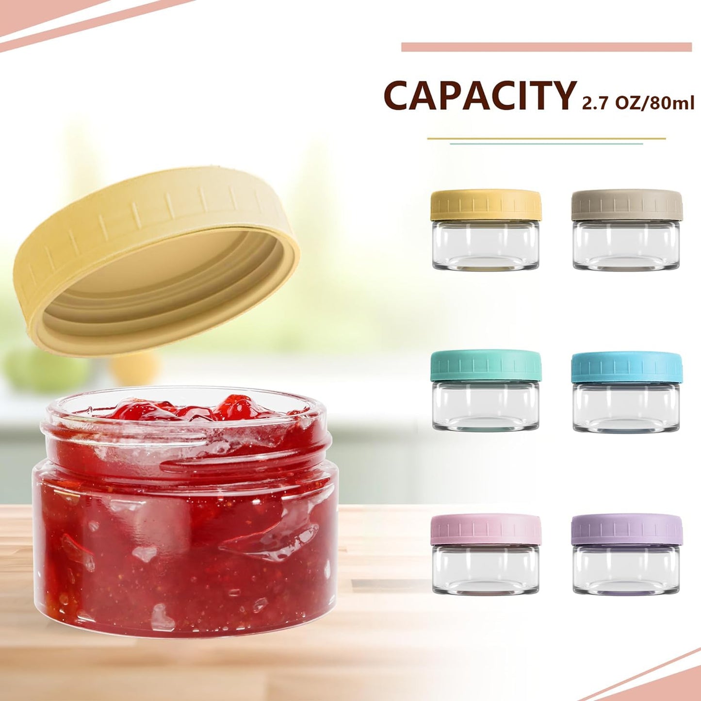 [6 Pack] Glass Salad Dressing Container to Go Glass Small Dipping Sauce Cups Glass Condiment with Lids Leakproof Reusable for Lunch Box Work Trip 2.7 Oz