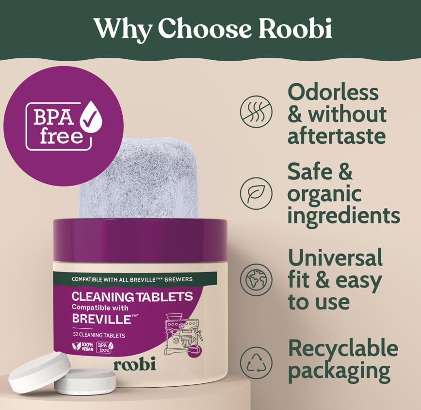 Roobi Cleaning Kit Compatible with Breville Espresso. Includes 52 Espresso Cleaning Tablets and 6 Water Filters. Carbon Neutral. 1 Year Supply.