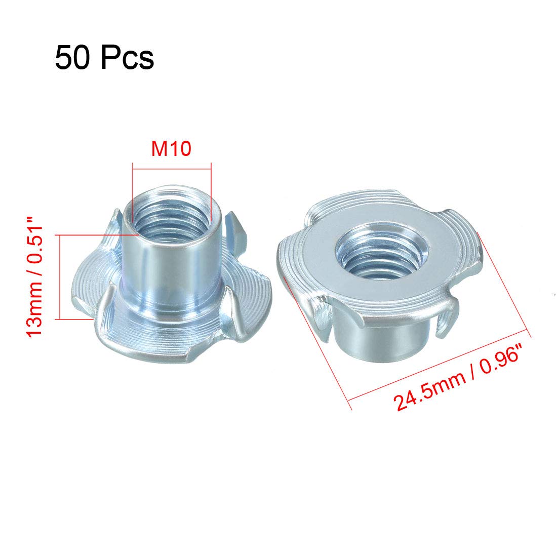 uxcell M10 4 Pronged Tee Nut T-Nut for Table Legs Rock Climbing Wall Woodwork Holds Wood Cabinetry 50Pcs