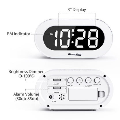 REACHER Small LED Digital Alarm Clock with Snooze, Simple to Operate, Full Range Brightness Dimmer, Adjustable Alarm Volume, Outlet Powered Compact Clock for Bedrooms, Bedside, Desk, Shelf(White)