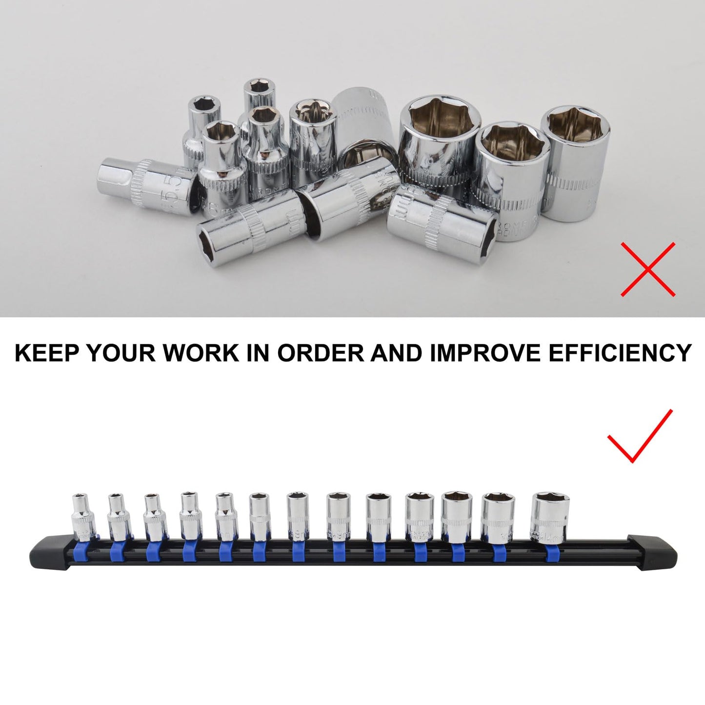 Socket Organizer Set, Metric SAE Socket Holders with Spring Ball Bearings Fits 1/4", 3/8", 1/2" Drive Sockets, Secure Holding Portable Socket Retention Home Workshop Tool Storage Organizer, 9 PCS