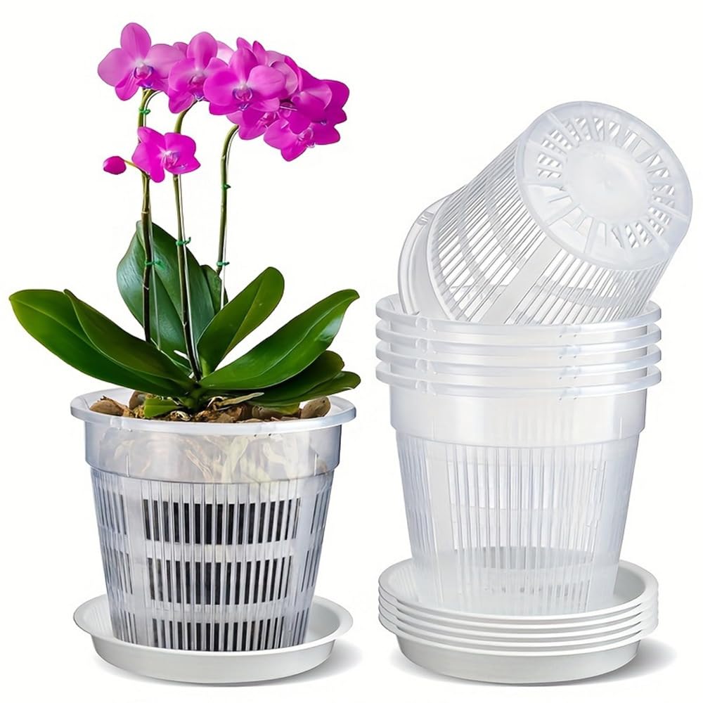 6 Pcs 5.5 Inch Orchid Pot with Holes and Saucers for Repotting Clear Plastic Flower Plant Indoor Outdoor Plants Orchids Planter Root Health Pots Nursery Drainage (6, 14 * 12cm)