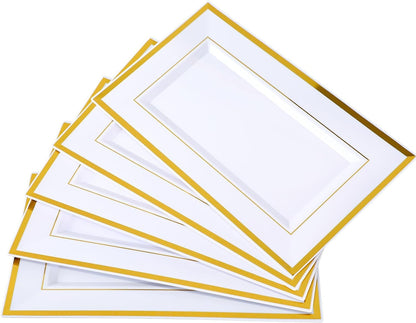 12 Pcs White Plastic Serving Trays with Gold Rim, 14''x9'' Rectangle Dessert Trays for Dessert Table, Disposable Platters Cookie Cupcake Gold Serving Tray for Birthday Party Wedding
