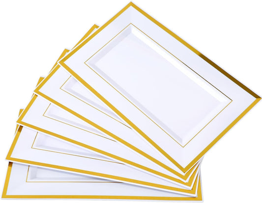12 Pcs White Plastic Serving Trays with Gold Rim, 14''x9'' Rectangle Dessert Trays for Dessert Table, Disposable Platters Cookie Cupcake Gold Serving Tray for Birthday Party Wedding