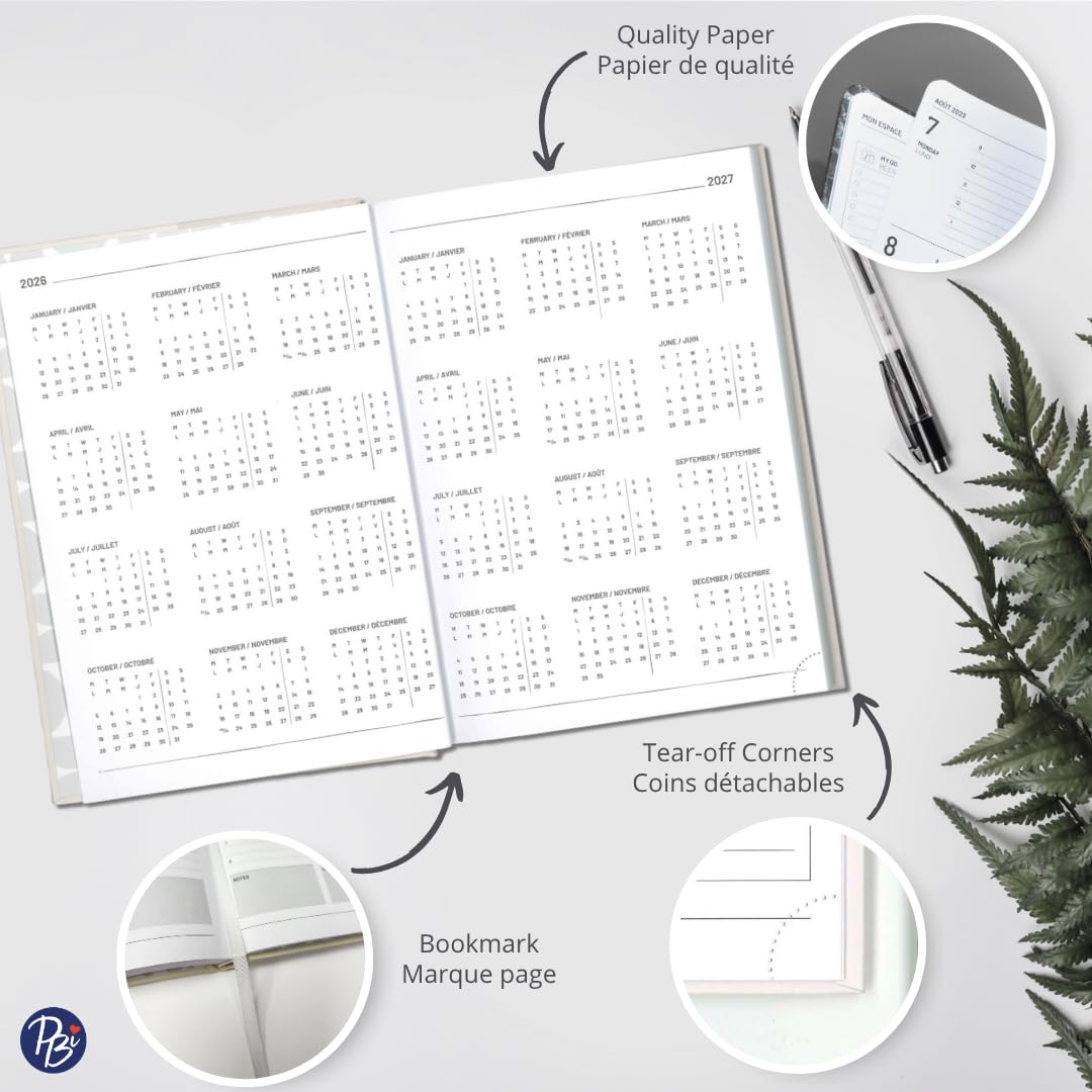 Pierre Belvédère - 2026 Annual Agenda Bilingual - 12 Months - Weekly Planner - 6.9” x 9.6” - Hardcover Clothbound - Year Monthly Planner - Pomegranate - 442482