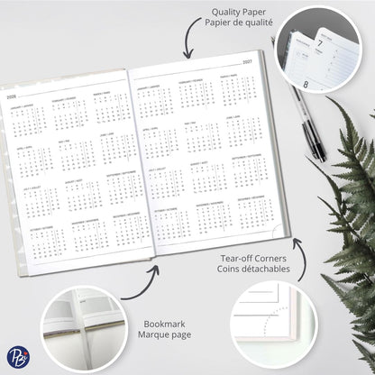 Pierre Belvédère - 2026 Annual Agenda Bilingual - 12 Months - Weekly Planner - 6.9” x 9.6” - Hardcover Clothbound - Year Monthly Planner - Pomegranate - 442482