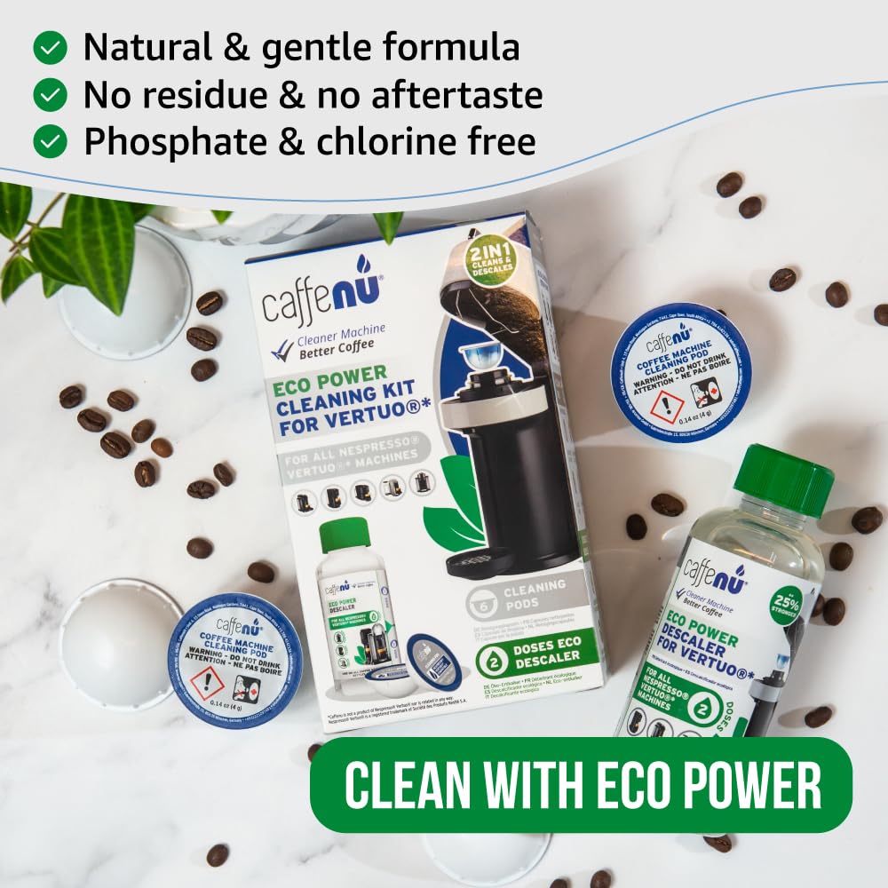 Caffenu Descaling Kit Compatible with Nespresso Vertuo 2 Uses Descaling Solution and 6 Cleaner Pods. Removes Limescale & Cleans Pod Area. Better Tasting & Hotter Coffee. 4 Month Supply.