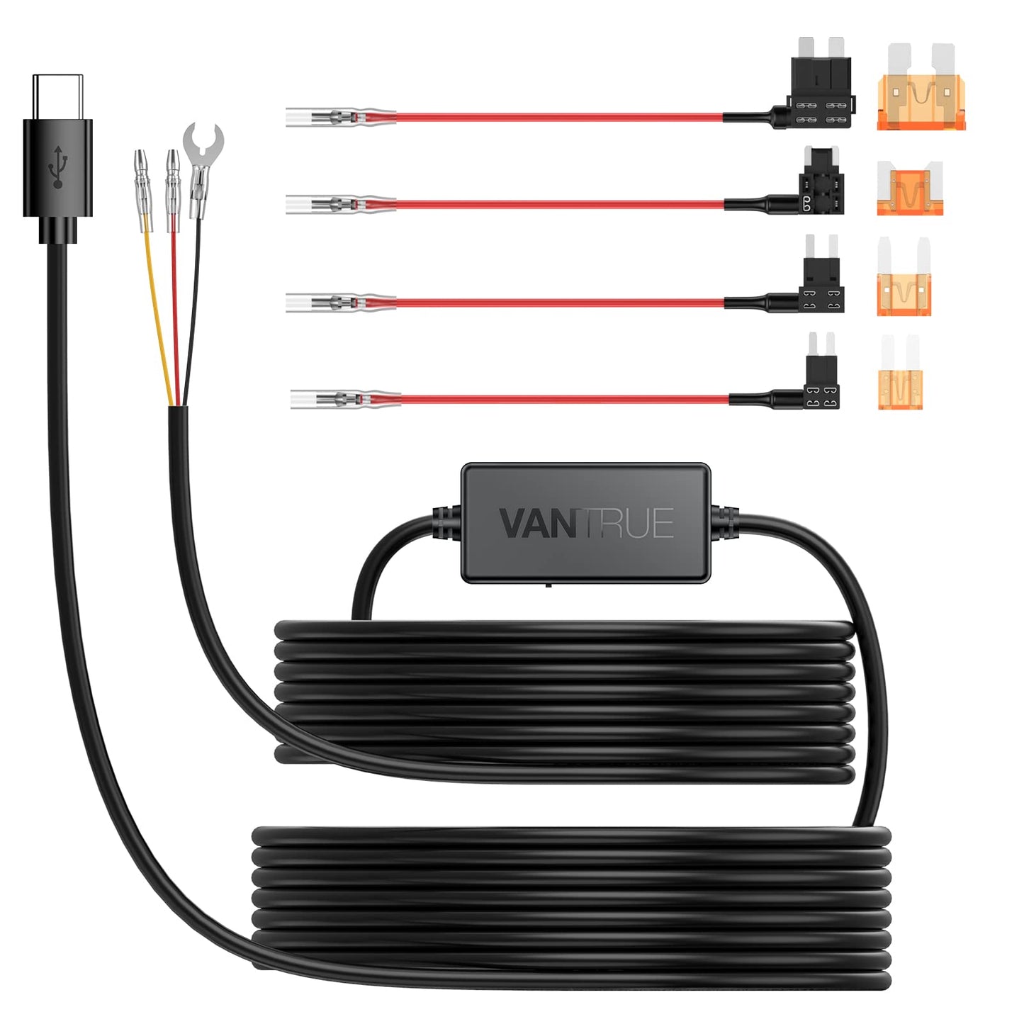 Vantrue 11.5ft USB-C Hardwire Kit (12V–24V to 5V) with Acc Functionality, Low Voltage Protection for N4(S)/N4 Pro(S)/N5(S)/N2X/E1 Pro/E360/ACE/E1 Lite/E2/S1 Pro(MAX)