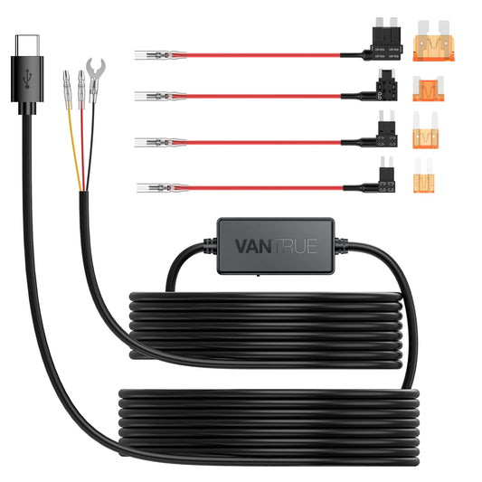 Vantrue 11.5ft USB-C Hardwire Kit (12V–24V to 5V) with Acc Functionality, Low Voltage Protection for N4(S)/N4 Pro(S)/N5(S)/N2X/E1 Pro/E360/ACE/E1 Lite/E2/S1 Pro(MAX)
