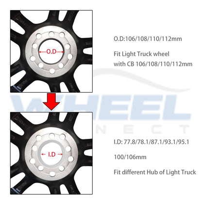 WHEEL CONNECT Hub Centric Rings, 106 to 78.1, Set of 4, Aluminium Alloy Hubrings, O.D:106 (106.1) - I.D:78.1mm. A