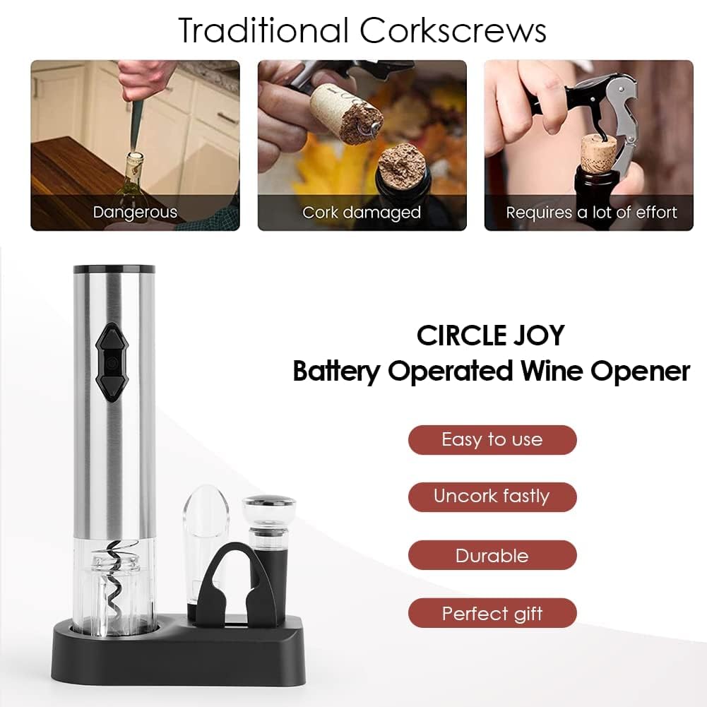 CIRCLE JOY Electric Wine Openers Set, Battery Operated (Not Included) Cordless Automatic Corkscrew Opener Kit with Foil Cutter, Vacuum Stopper, Wine Aerator Pourer