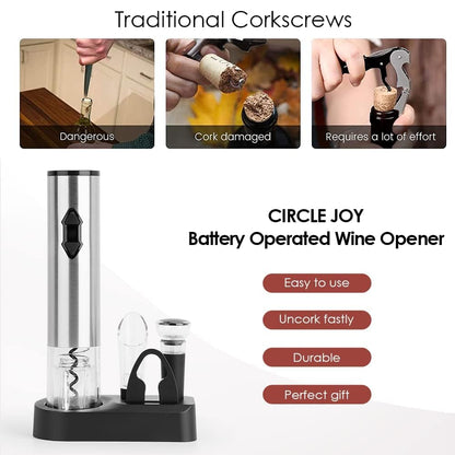 CIRCLE JOY Electric Wine Openers Set, Battery Operated (Not Included) Cordless Automatic Corkscrew Opener Kit with Foil Cutter, Vacuum Stopper, Wine Aerator Pourer