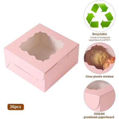 PFAMKEER 36 pcs 6x6x3 Inches Small Cake Box with Window, Bakery Pastry Cookie Boxes, Mini Pie for Pastry,Dessert,Strawberries,Chocolates, Cupcakes with paper stickers (Pink)