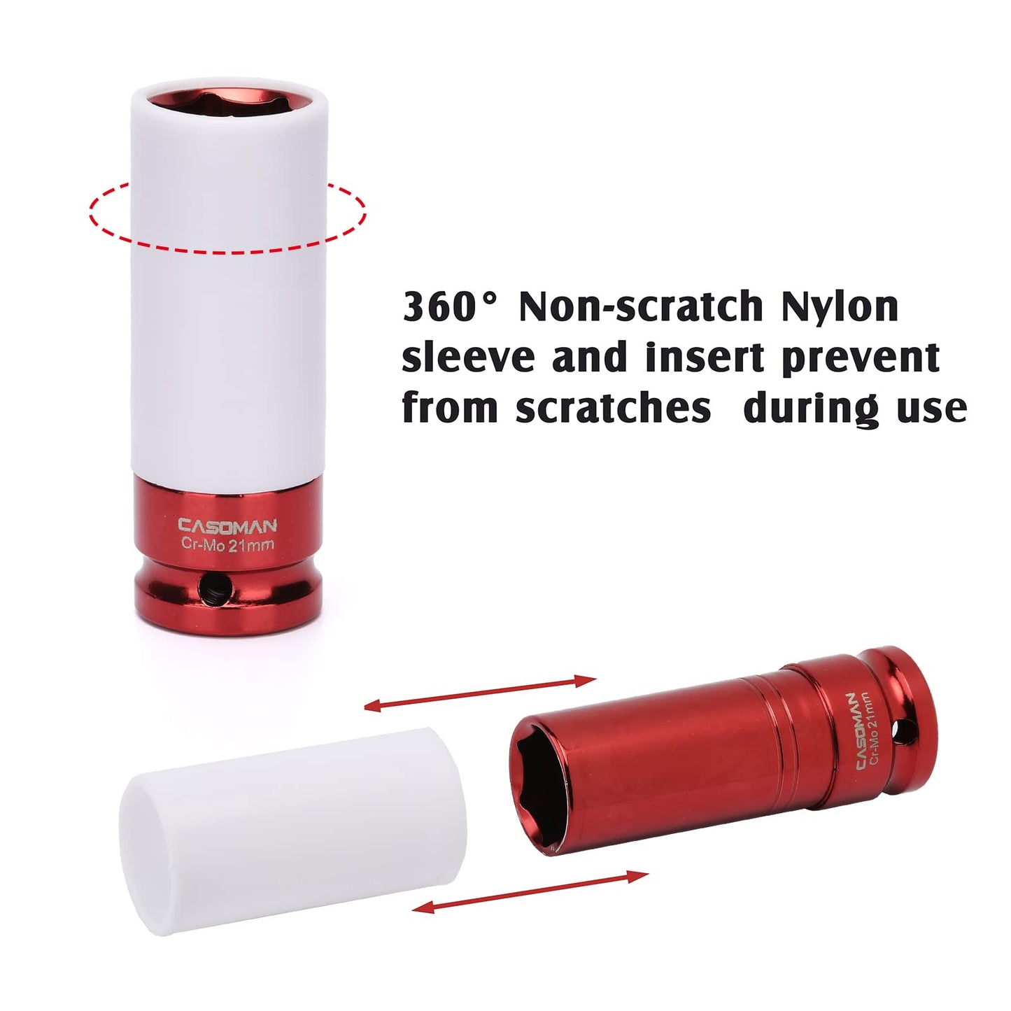 CASOMAN 1/2- Inch Drive Wheel Protector Impact Socket, 1/2" Thin Wall Deep Impact Socket Set Plastic Sleeve Lug Nut, 4 Pieces Set, 6 Point,Metric, CR-MO, 17mm,19mm,21mm,22mm