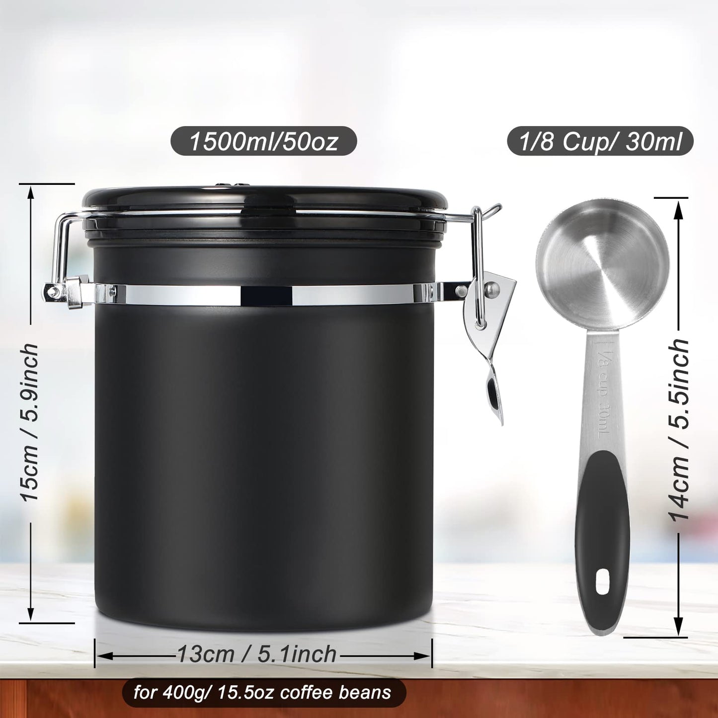 Pitmoly Airtight Coffee Canister with CO2 Valve,16OZ Food Storage Container, 1.5L Stainless Steel Coffee Storage Jar with Date Tracker and Measuring Scoop for Coffee Beans, Grounds, Sugar and Flour