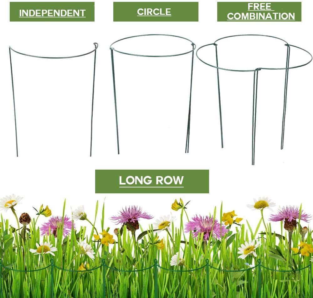 Plant Support Stake, 8 Pack Green Half Round Plant Support Ring Metal Garden Stem Support Stake with 20 Pcs Plant Clips & Plant Ties for Potted Plants Tomato Vegetable Flowers (9.8“W x 15.7”H)