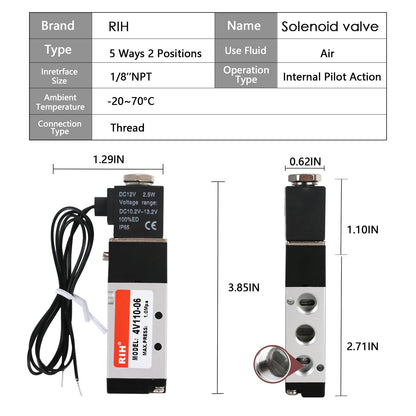 RIH Pneumatics Solenoid Valve 1/8" NPT 12V Single Coil Pilot-Operated Electric 5Way2Position 4V110
