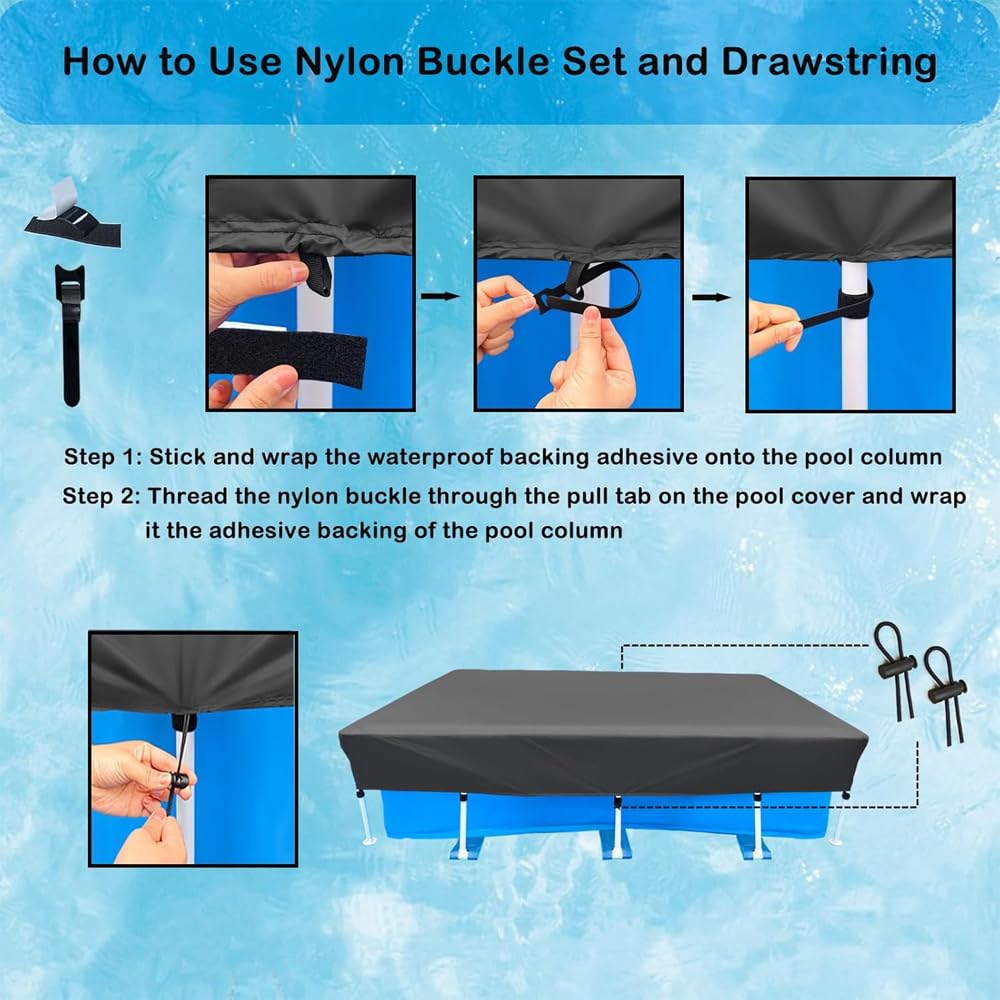 13x7 Ft Rectangular Above Ground Pool Cover with 2 Drawstring and 14 Velcro Strap Set Solar Heavy Duty for Metal Frame Outdoor Swimming Winter Safety (157 * 83inch)