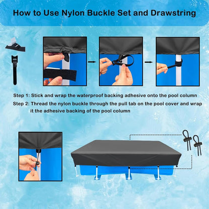 13x7 Ft Rectangular Above Ground Pool Cover with 2 Drawstring and 14 Velcro Strap Set Solar Heavy Duty for Metal Frame Outdoor Swimming Winter Safety (157 * 83inch)