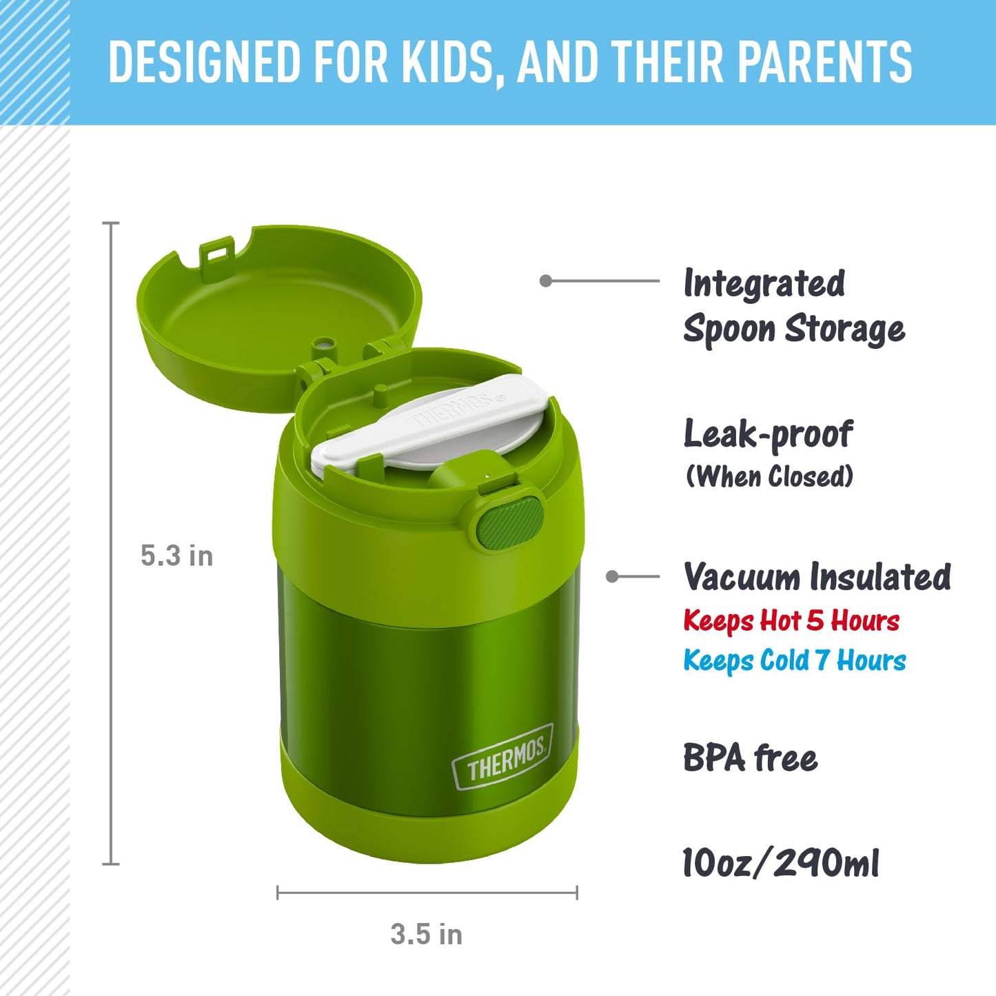 THERMOS FUNTAINER 10 Ounce Stainless Steel Vacuum Insulated Kids Food Jar with Folding Spoon, Lime