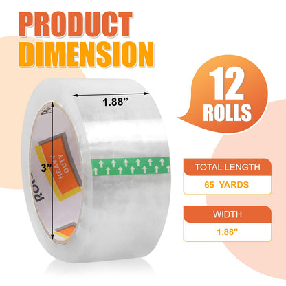 Rolett Packing Tape, 12 Rolls Shipping Tape, Heavy Duty Packaging Tape 1.88” x 65 yd, Heavy Duty Packing Tape Refills, Box Tape for Shipping, Mailing, Moving & Storage, Strong Seal on All Box Types