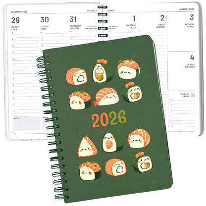 Pierre Belvédère - 2026 Annual Agenda Bilingual - 12 Months - Weekly Planner - 7.5” x 9.6” - Hardcover Spiralbound - Year Monthly Daily Planner - Sushi - 442483