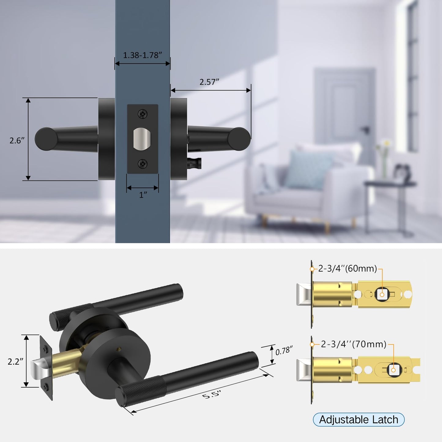 KNOKLOCK 1 Pack Matte Black Door Handles Interior, Knurled Privacy Door Handles, Black Door Lever for Bedroom or Bathroom,Reversible Keyless for Left Right Handed Doors KL0001
