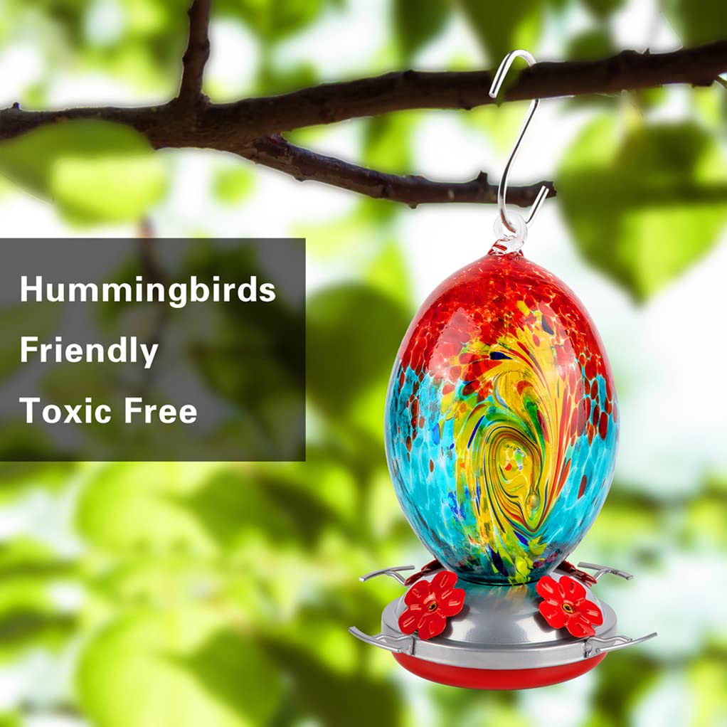 REZIPO Glass Hummingbird Feeder for Outdoors Hand Blown Glass 30 Ounces Colorful Patio Garden Hummingbird Feeder with Hooks, Brush and Service Card (Green)