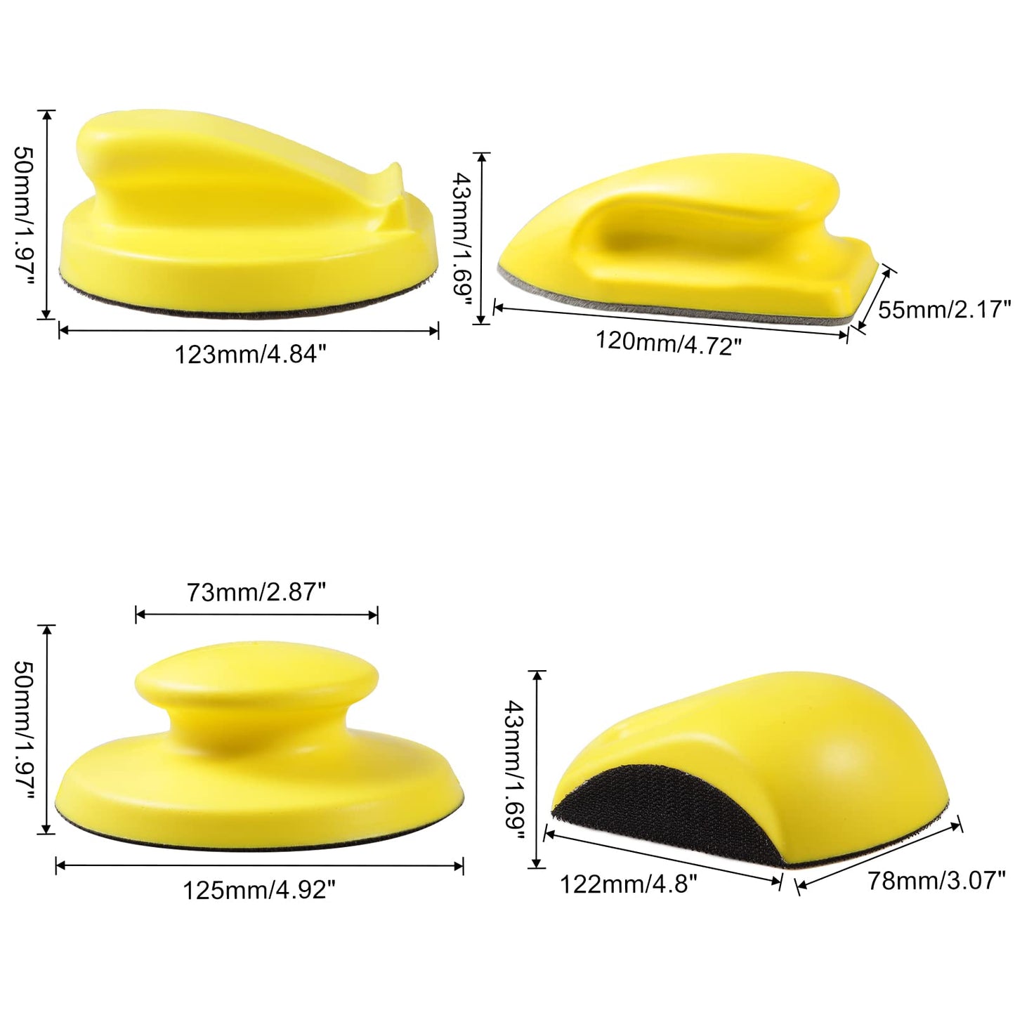 SPEEDWOX 4 Pack 5" Hand Sanding Blocks Round and Mouse-Shaped Hook and Loop Sanding Pad Includes Cleaning Brush, Hook Backing Plate for Wood Furniture Restoration Polishing Home and Car (Yellow)