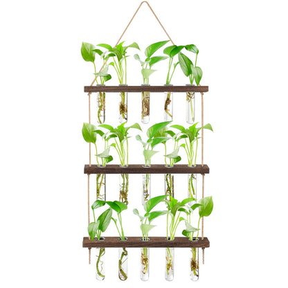 3 Tier Hanging Propagation Station, Wall Hanging Planter Terrarium with Wooden Stand&16 Glass Test Tubes, for Hydroponic Cuttings, Home Office Decor (3Tier&16Tubes)