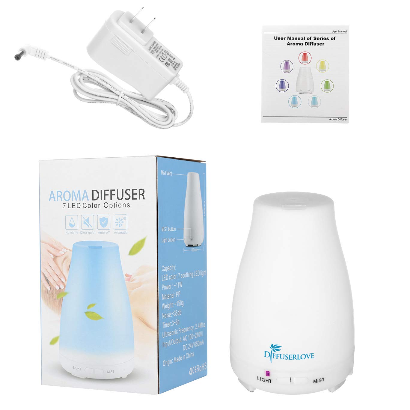 Diffuserlove Essential Oil Diffusers 200ML Remote Control Ultrasonic Mist Humidifiers BPA-Free Aromatherapy Diffuser with 7 Color Lights and Waterless Auto Shut-Off for Bedroom Office Kitchen