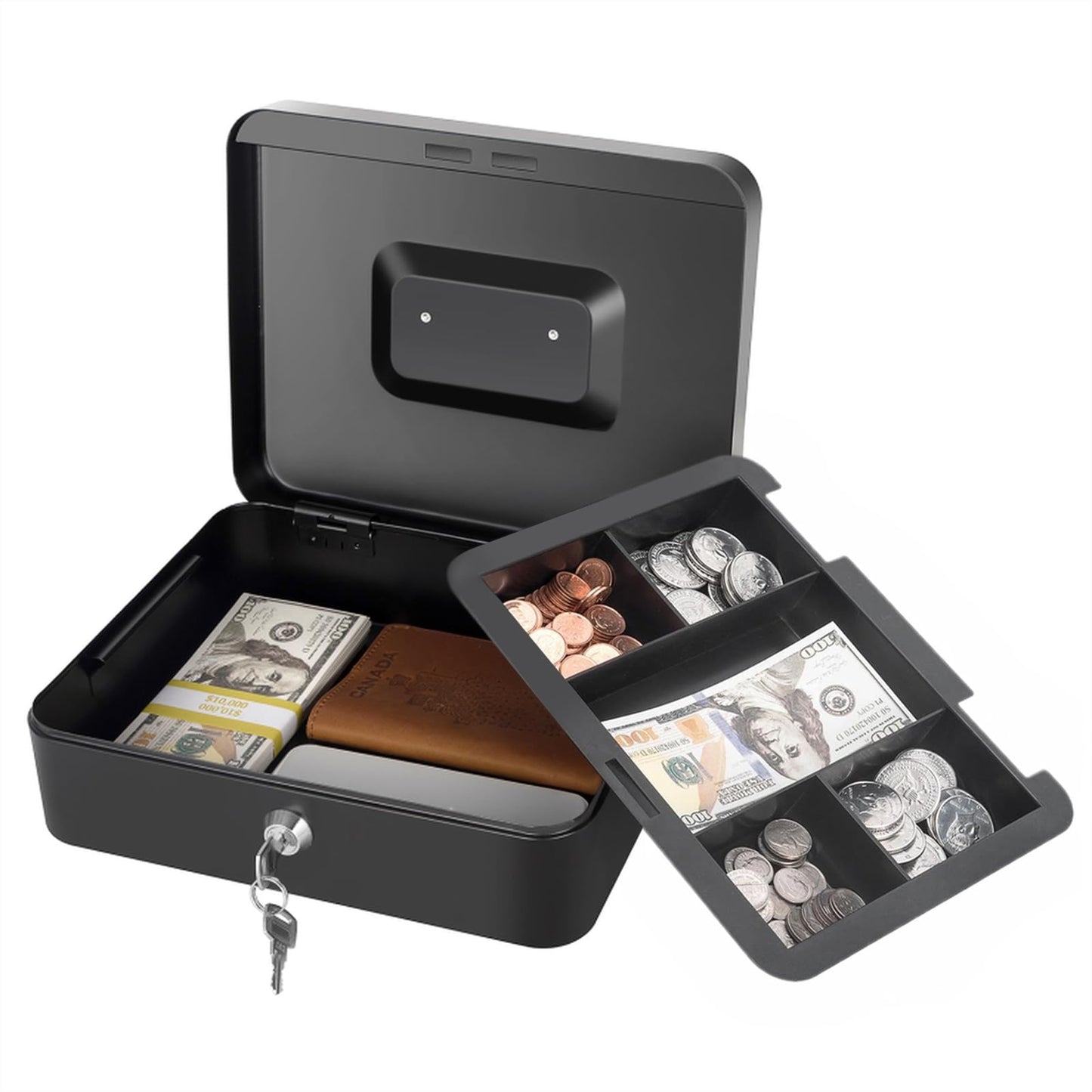 Cash Box with Lock and Money Tray Metal Money Box for Cash Lock Box for Money