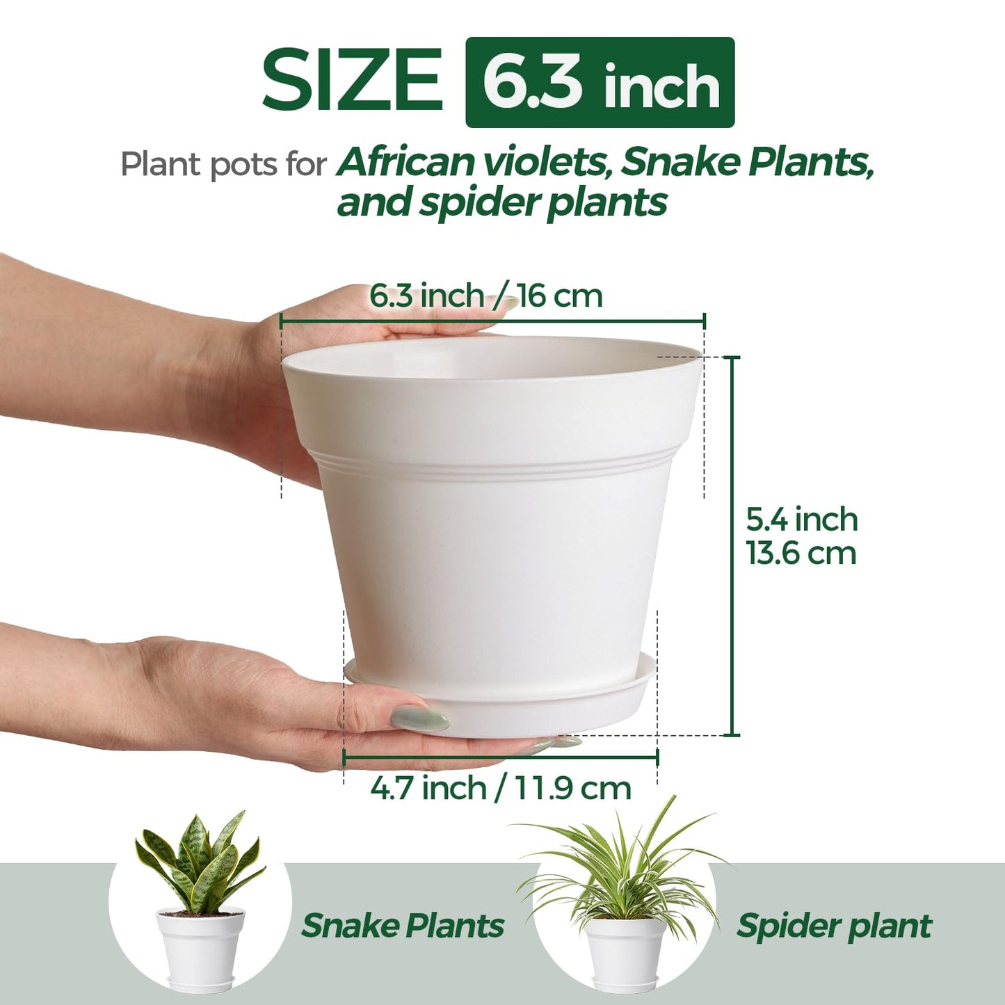 T4U 6.3 Inch Plant Pots 8 Pack, Planters with Drainage and Saucers for Gardening Enthusiasts, Indoor Outdoor Patio Decor for Snake Plants, Herbs, Aloe and Ivy(White)