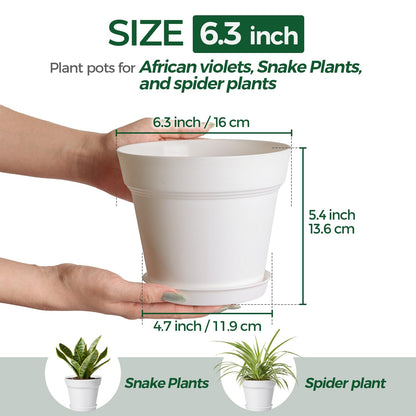 T4U 6.3 Inch Plant Pots 8 Pack, Planters with Drainage and Saucers for Gardening Enthusiasts, Indoor Outdoor Patio Decor for Snake Plants, Herbs, Aloe and Ivy(White)