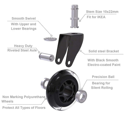 YIUBCZOQI Office Chair Wheels Casters Set of 5 - Heavy Duty Silent Rollers for Hardwood Floors & Carpet, 10x22mm FIT 1KEA,Non-Marring Black Chair Casters with Dual-Bearing Design