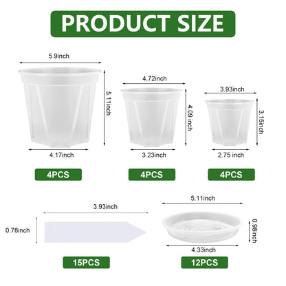 YALIOURS Clear Nursery Pots for Plants, 12Pack 4/5/6 inch Transparent Plastic Plant Pots with Drainage Holes, Garden Pots for Plants Flowers with 12Pack Trays and 15pcs Plant Labels