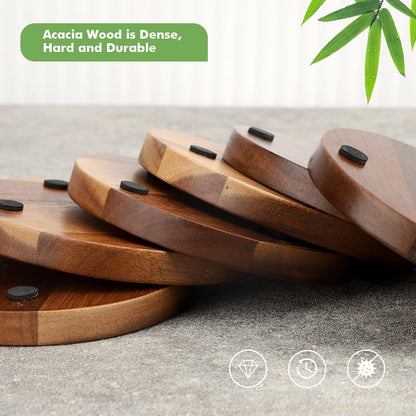 WLWNWFT Acacia Wood Coasters with Holder - Absorbant Cork Coasters for Drinks | Set of 6, 4.33in