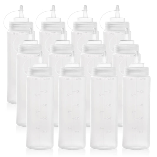 Bekith 12 Pack 16 Oz Plastic Squeeze Condiment Bottles with Twist On Cap Lids and Discrete Measurements, Wide Mouth Empty Squirt Bottle for Sauce, Ketchup, BBQ, Dressing, Paint, Pancake Art Dispenser