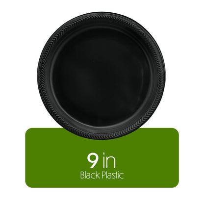 PLASTICPRO 100 PCS Black Plastic Plates Light Weight 9 Inch Plastic Dinner Plates Black Plates Disposable for Party and Wedding